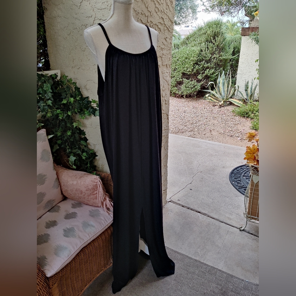 Norma Kamali KamaliKulture Spaghetti Strap Maxi Dress w/Front Split, Black,  XL